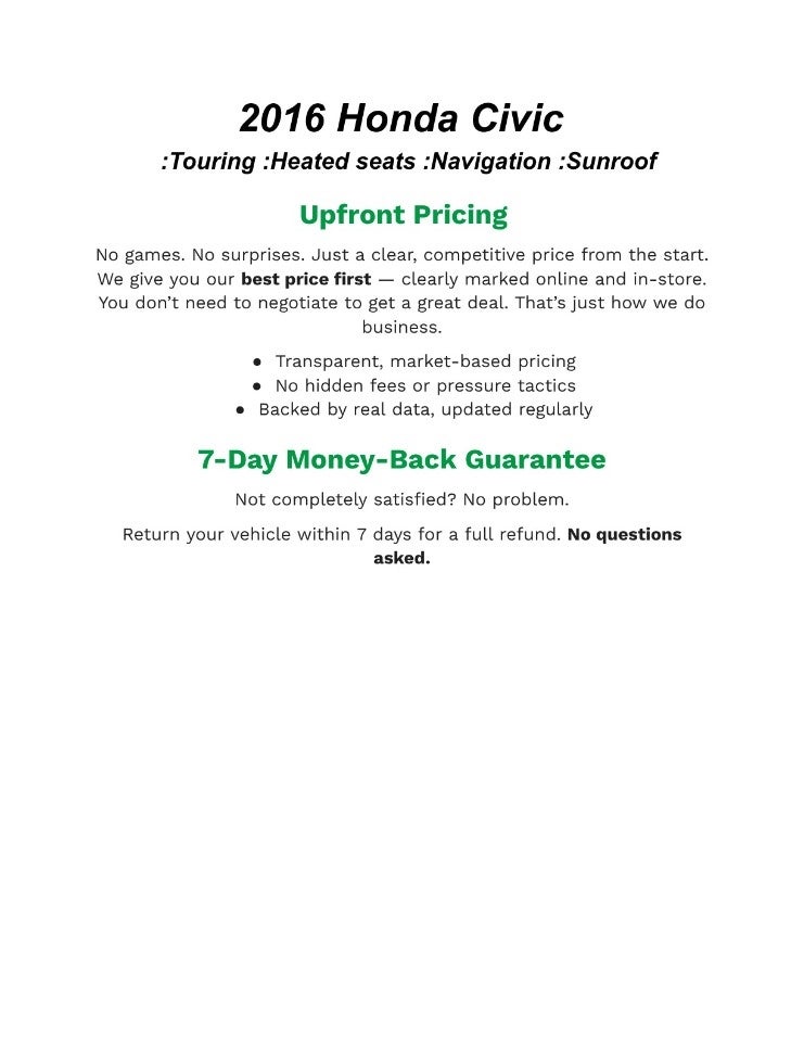 Used 2016 Honda Civic Touring with VIN 19XFC1F94GE012344 for sale in Ashwaubenon, WI