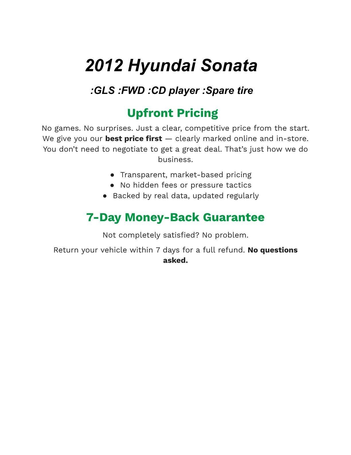 2012 Hyundai SONATA 4Dr Sdn 2.4L Auto GLS